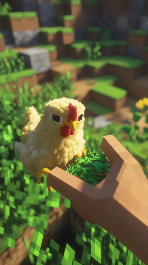 A fluffy, pixelated chicken sits on a hand in a Minecraft-style environment.  The chicken is light beige with a red comb and wattle.  The hand appears to be holding the chicken gently amongst lush green blocks, suggestive of grass or leaves. The background shows a stylized Minecraft landscape of brown dirt blocks and green vegetation. The scene is bright and sunny.