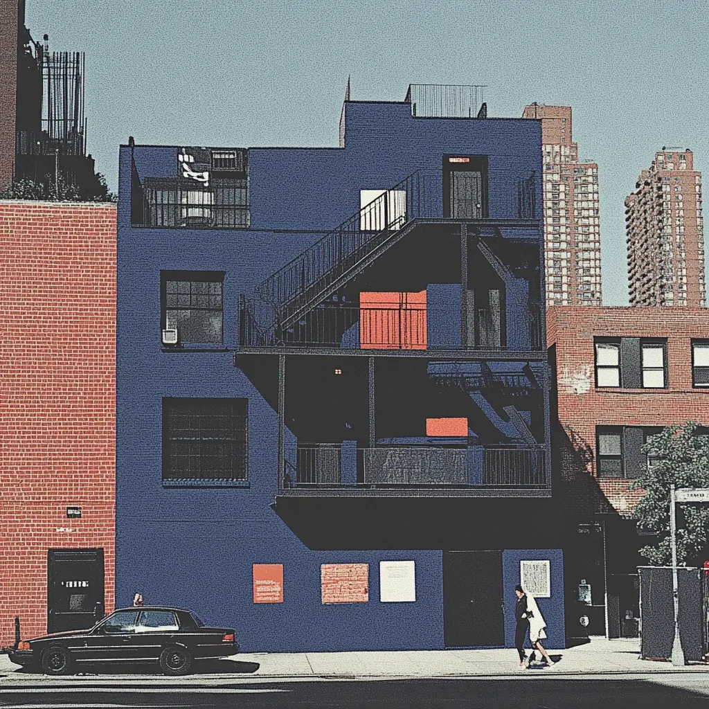 A dark blue three-story building stands on a city street, its exterior stark against a red brick building next to it.  A metal fire escape climbs the side, leading to multiple balconies.  Orange accents punctuate the building's facade.  A black car is parked in front, and two pedestrians walk on the sidewalk.  Tall residential buildings are visible in the background.  The scene is bathed in bright sunlight.
