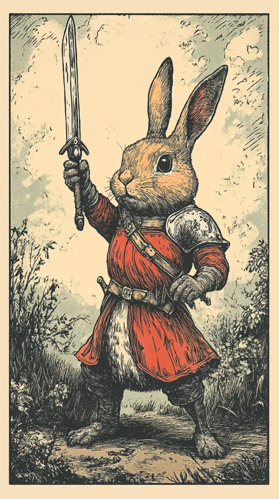 A valiant rabbit, clad in red armor and wielding a sword, stands proudly in a rustic landscape.  The style is reminiscent of vintage woodblock prints, with detailed linework and muted color palette. The rabbit's determined expression and firm grip on the weapon suggest bravery and readiness for battle. The background depicts a simple, natural setting, enhancing the whimsical nature of the artwork.