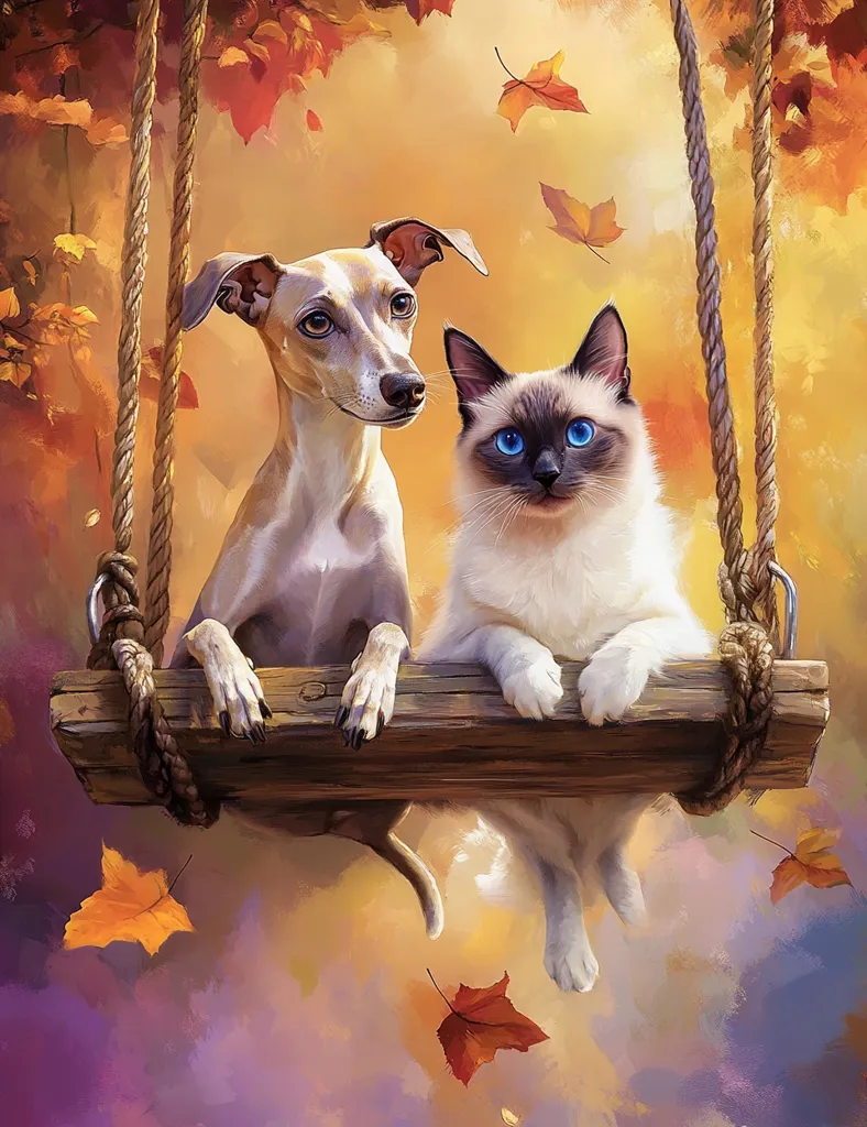 A heartwarming autumnal scene depicts an Italian Greyhound and a Balinese cat perched side-by-side on a rustic wooden swing.  Falling leaves surround them, creating a warm, nostalgic atmosphere.  Both animals gaze serenely forward, their gentle expressions and close proximity suggesting a bond of friendship. The painting's soft colors and detailed textures evoke a sense of peace and tranquility.