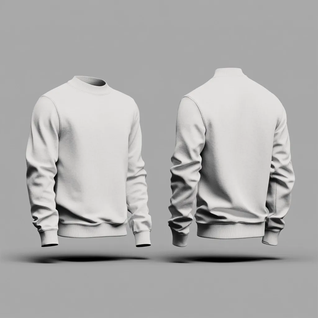 The image shows a 3D rendering of a plain white crewneck sweatshirt.  The sweatshirt is presented from both the front and back, showcasing its simple design and ribbed cuffs and hem.  It's displayed against a neutral gray background, highlighting the garment's clean lines and minimalist aesthetic.  The image is likely intended for apparel design or marketing purposes.
