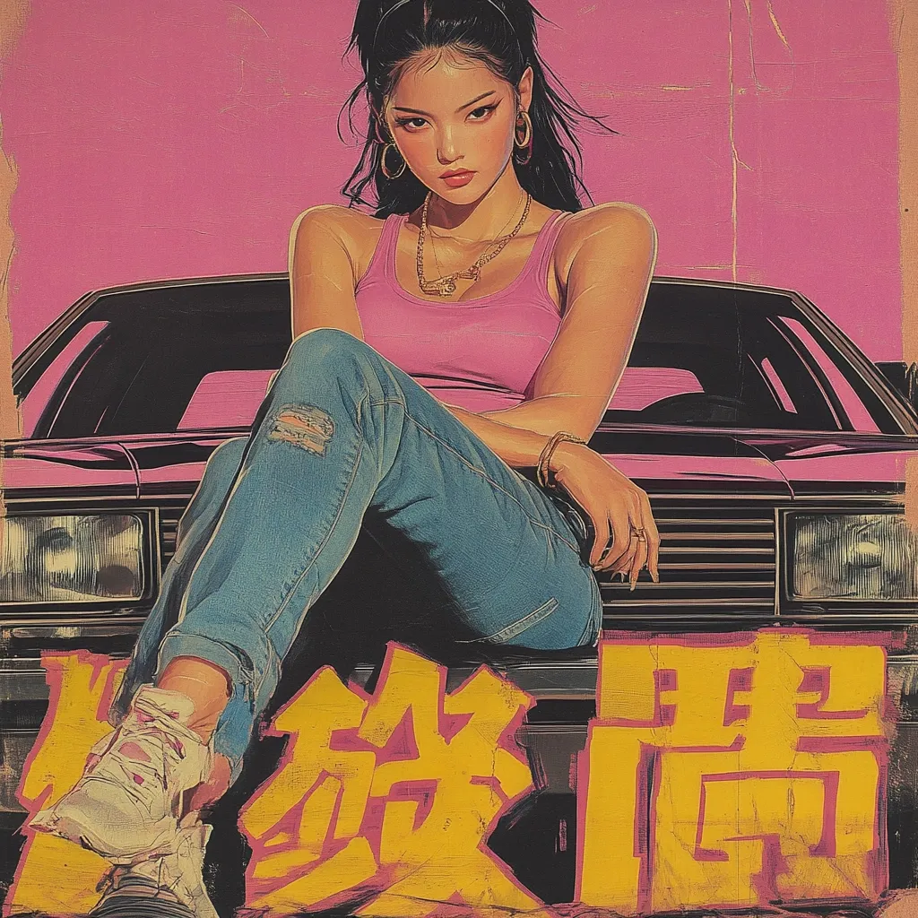 A stylized illustration depicts a young woman with dark hair, wearing a pink tank top and light blue jeans, sitting on the hood of a vintage car.  She sports gold jewelry and sneakers.  The background is a vibrant pink, and yellow stylized Chinese characters are prominently displayed below the car.  The overall aesthetic is reminiscent of 1980s or 1990s pop culture.