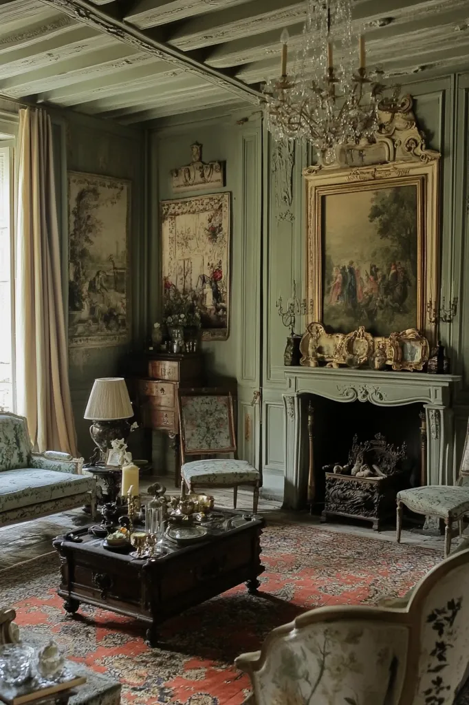 A sage-green drawing-room, richly appointed with antique furniture, tapestries, and a crystal chandelier.  The room features ornate paneling, a large framed painting above a fireplace, and a comfortable seating arrangement around a coffee table laden with silver.  Soft light filters through floor-to-ceiling curtains.  The overall aesthetic is one of refined elegance and old-world charm.  A richly colored rug covers the floor.
