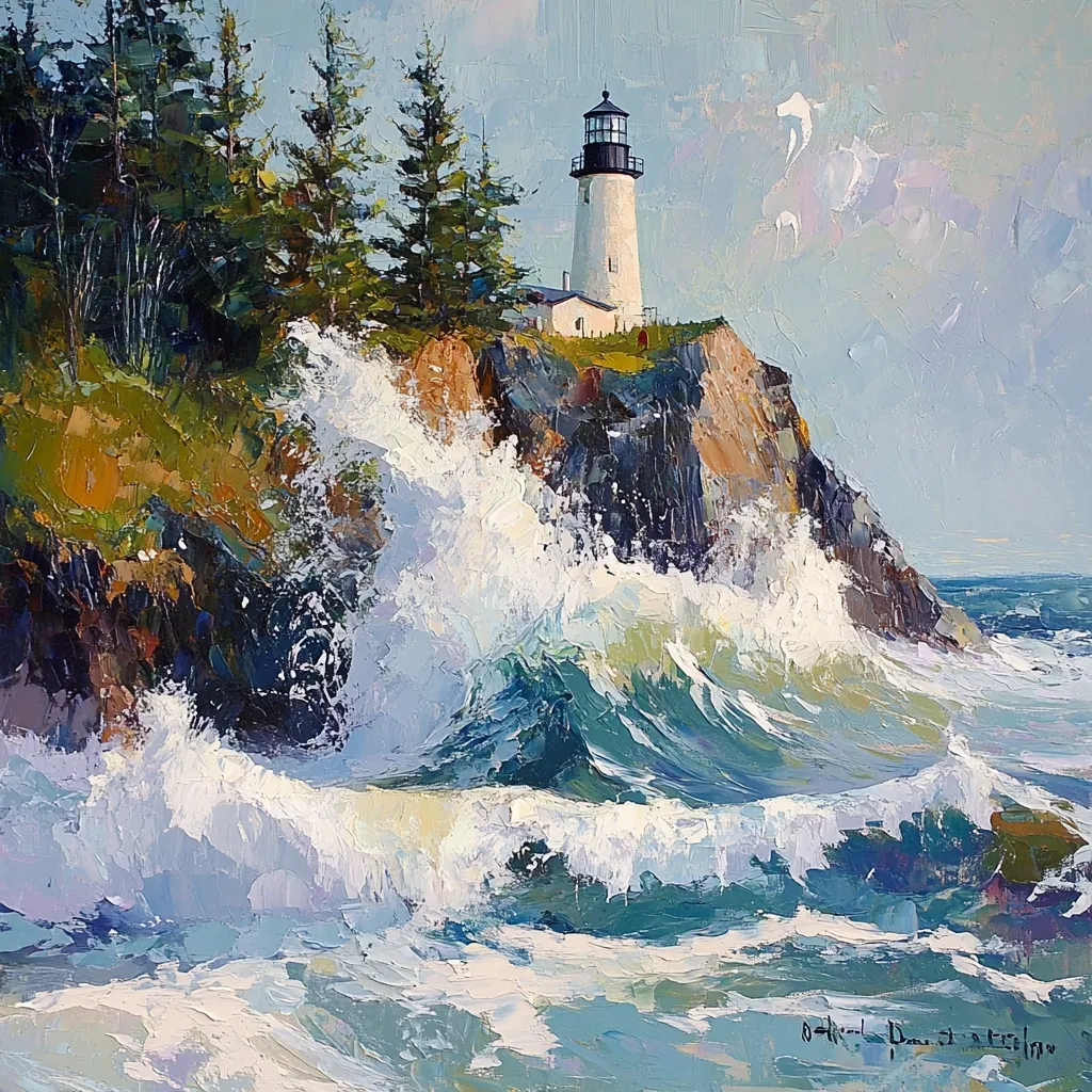 A vibrant oil painting depicts a coastal scene where powerful waves crash against a rocky cliff. A lighthouse stands proudly atop the cliff, surrounded by evergreen trees. The artist masterfully captures the dynamic movement of the waves, using a palette knife to create texture and energy. The contrast between the serene lighthouse and the turbulent ocean creates a dramatic and captivating image.  The painting evokes a feeling of both power and tranquility.