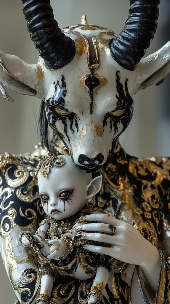 A meticulously crafted porcelain doll, resembling a demonic goat, cradles a smaller, similarly styled infant doll.  Both figures are adorned in elaborate, dark gold and black attire, featuring intricate detailing and a distressed, gothic aesthetic.  The larger doll's horns are sharply defined, contrasting with the pale skin and intense, dark eyes of both dolls, creating a dramatic and unsettling scene.