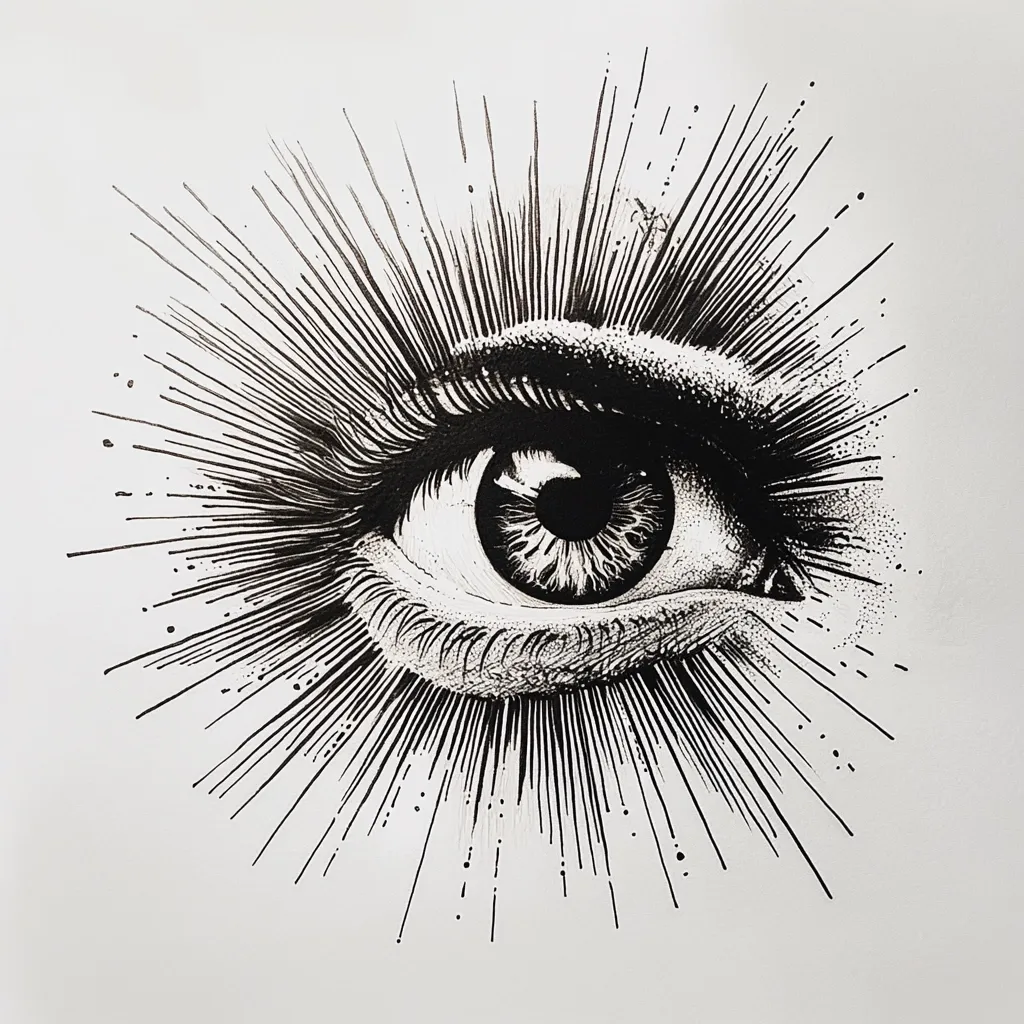 A striking black and white ink drawing depicts a single eye, rendered with meticulous detail.  Surrounding the eye is a burst of radiating lines, creating a dynamic and energetic effect. The style is reminiscent of pointillism, with the use of small, closely placed dots and lines to build texture and form.  The overall impression is one of intensity and captivating visual depth.