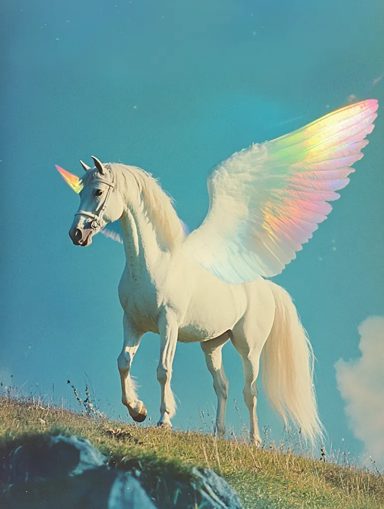 A majestic white unicorn with iridescent wings stands on a grassy hill against a vibrant blue sky.  Its long, flowing mane and tail add to its ethereal beauty. The unicorn's horn glows with a soft, pastel light, enhancing its fantastical nature. The overall image evokes a sense of magic and wonder.