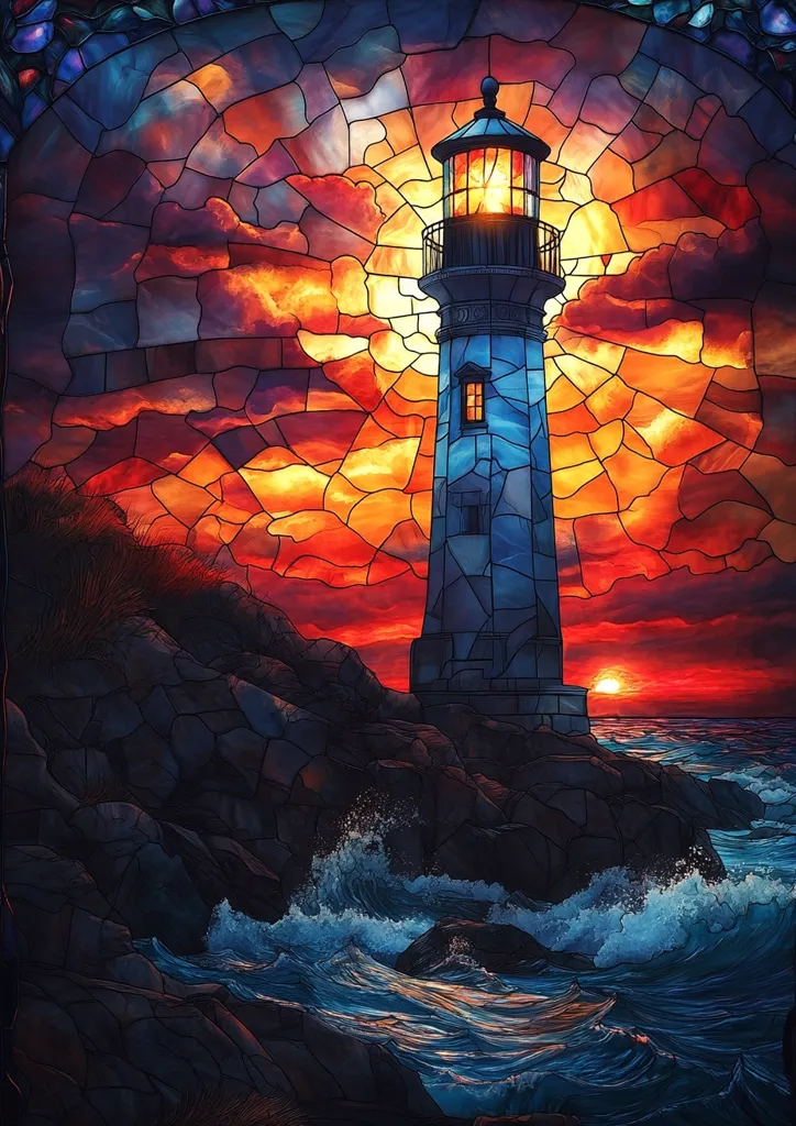 A stunning stained-glass artwork depicts a lighthouse standing tall against a fiery sunset.  The vibrant colors of the sky, ranging from deep oranges and reds to fiery yellows, contrast beautifully with the dark blues and greens of the ocean and rocky coastline.  Waves crash against the rocks in the foreground, adding dynamic movement to the scene. The lighthouse's light shines brightly, a beacon of hope in the dramatic landscape.  The intricate details of the stained glass create a rich texture and depth.