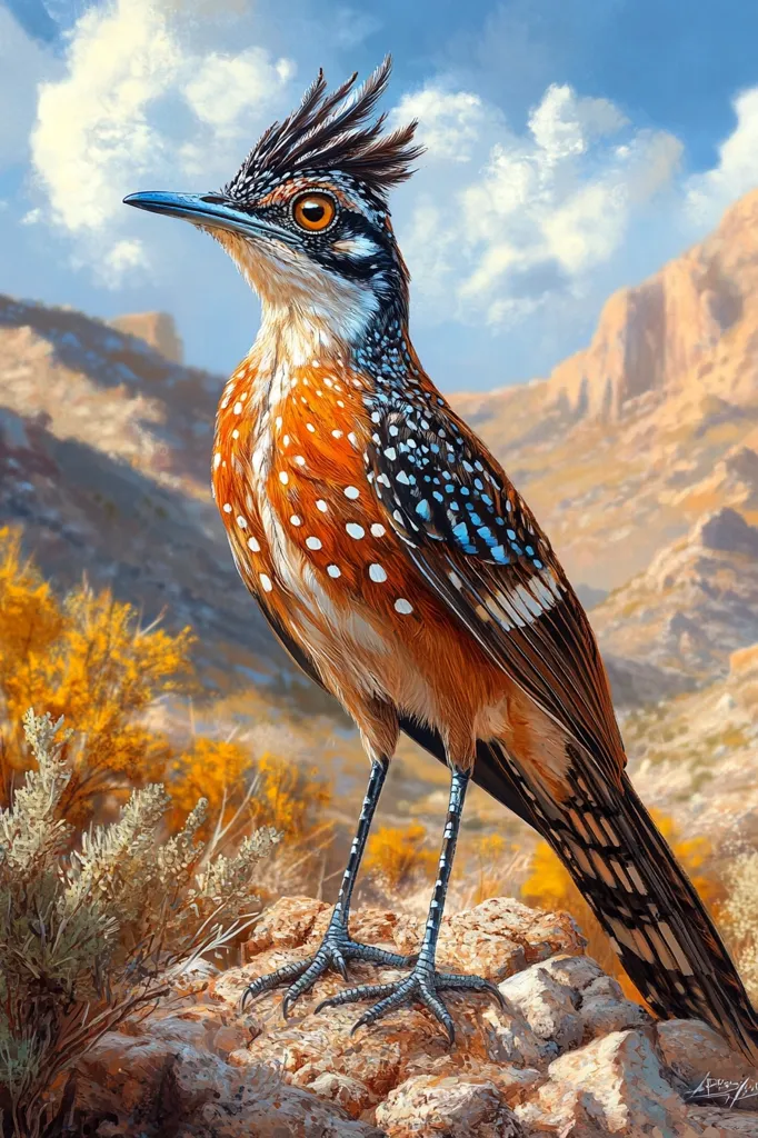 A vibrant painting showcases a bird, possibly a roadrunner, perched on a rocky outcrop.  Its plumage is a striking blend of rusty orange, black, and white speckled patterns, complemented by blue accents on its wings.  The bird's crest is raised, and its sharp gaze is directed to the left. The background is a sun-drenched desert landscape with arid shrubs and distant mountains under a partly cloudy sky.