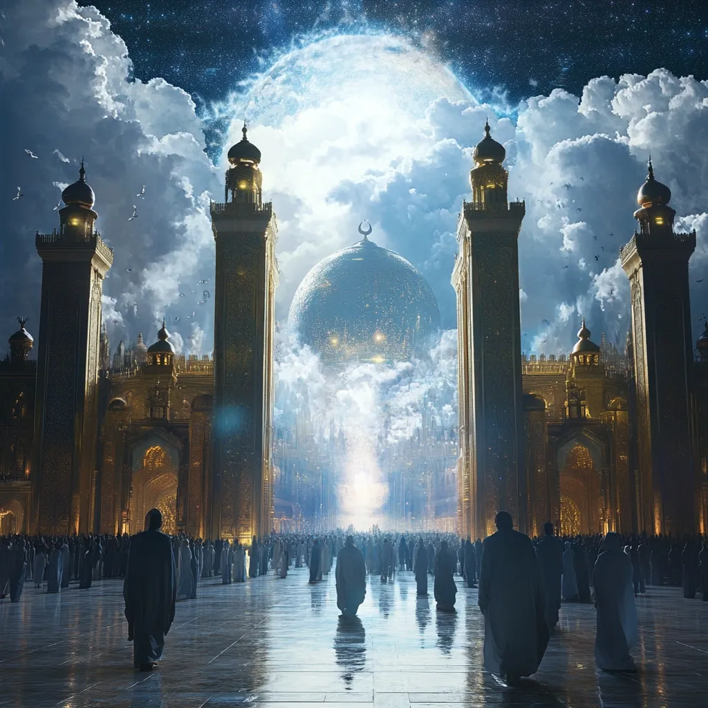 A majestic, golden mosque-like structure stands under a massive, luminous moon.  Tall minarets flank a grand entrance, where a large crowd of cloaked figures gathers.  A celestial sphere hovers above, emanating a radiant light that illuminates the scene. The overall atmosphere is mystical and awe-inspiring, blending architectural grandeur with otherworldly elements.