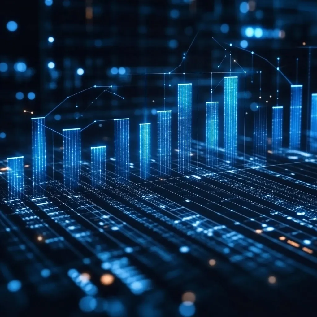 An abstract digital visualization depicts a series of glowing blue bar graphs rising across a complex, circuit-like background.  The bars represent data growth, connected by luminous lines forming a dynamic upward trend. The image evokes concepts of technological advancement, data analysis, and financial progress within a futuristic digital landscape.