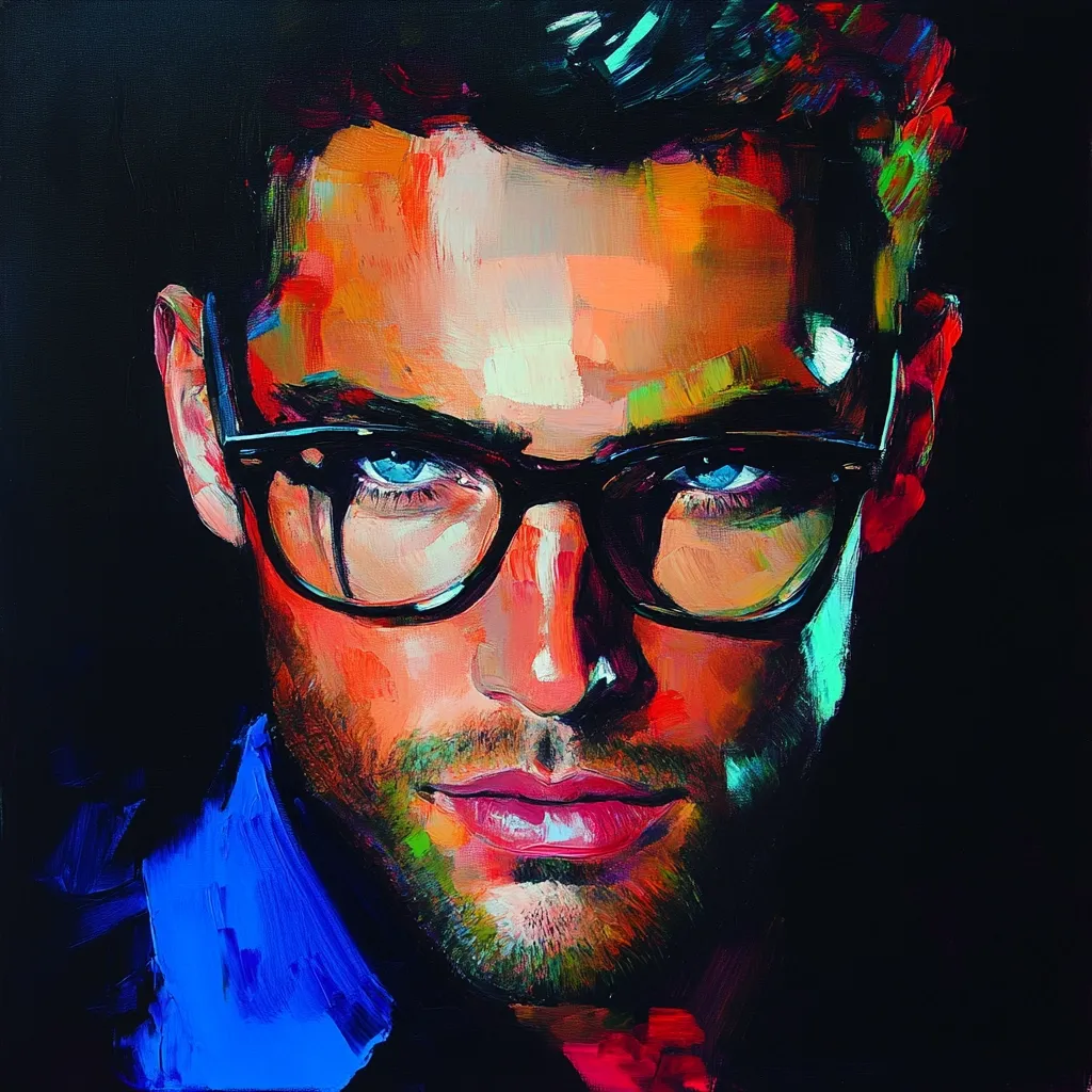 A vibrant, expressive oil painting captures a close-up portrait of a man.  His intense gaze is accentuated by bold, contrasting colors and thick paint strokes.  He wears dark-rimmed glasses, and his features are sharply defined against a dark background, creating a dramatic and captivating image. The artist employs a dynamic use of color and texture to convey a sense of energy and personality.