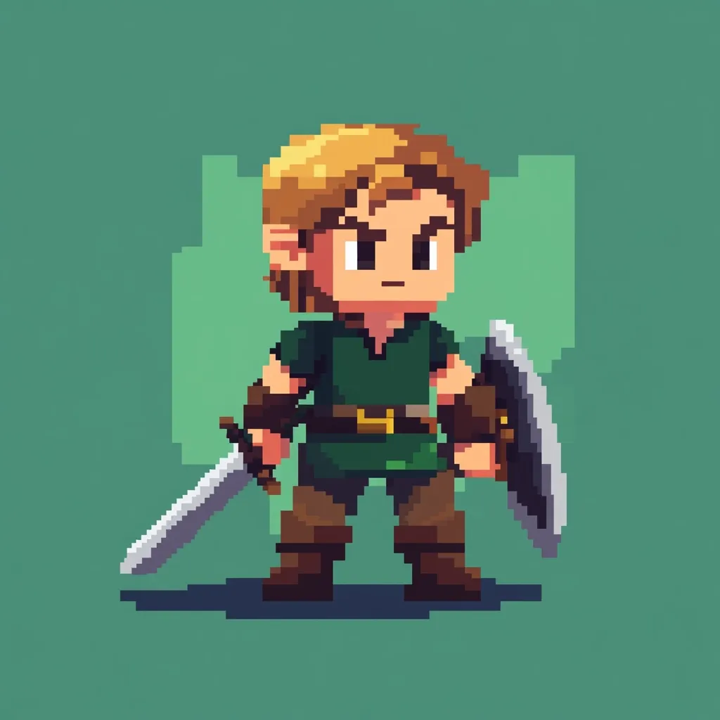 A pixel art depiction of Link, the iconic hero from The Legend of Zelda series.  He stands firmly, wielding a sword and shield, his blond hair and green tunic clearly visible. The pixelated style gives him a retro, 8-bit charm.  His expression is serious and determined, ready for adventure. The background is a simple, muted green.