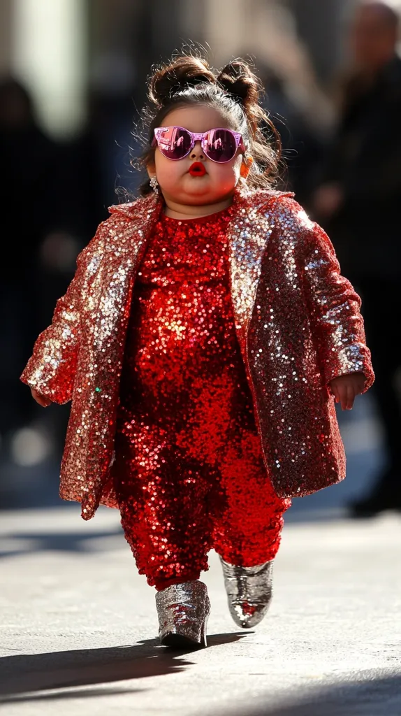 A young girl strolls confidently down a city street. She's dressed in a dazzling red sequin jumpsuit and a matching sparkly coat.  Pink sunglasses add a touch of playful glamour.  Silver boots complete her stylish, eye-catching ensemble.  Her hair is styled in two cute buns.  The overall impression is one of bold fashion and self-assured charm.