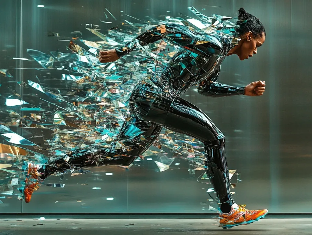 A stylized image depicts a runner in motion, their body fragmented into shards of turquoise and silver glass.  The runner, with dark skin and hair tied back, wears a dark, form-fitting suit and orange running shoes.  The shattered glass effect creates a sense of speed and dynamism against a muted teal background.  The overall aesthetic is futuristic and energetic.
