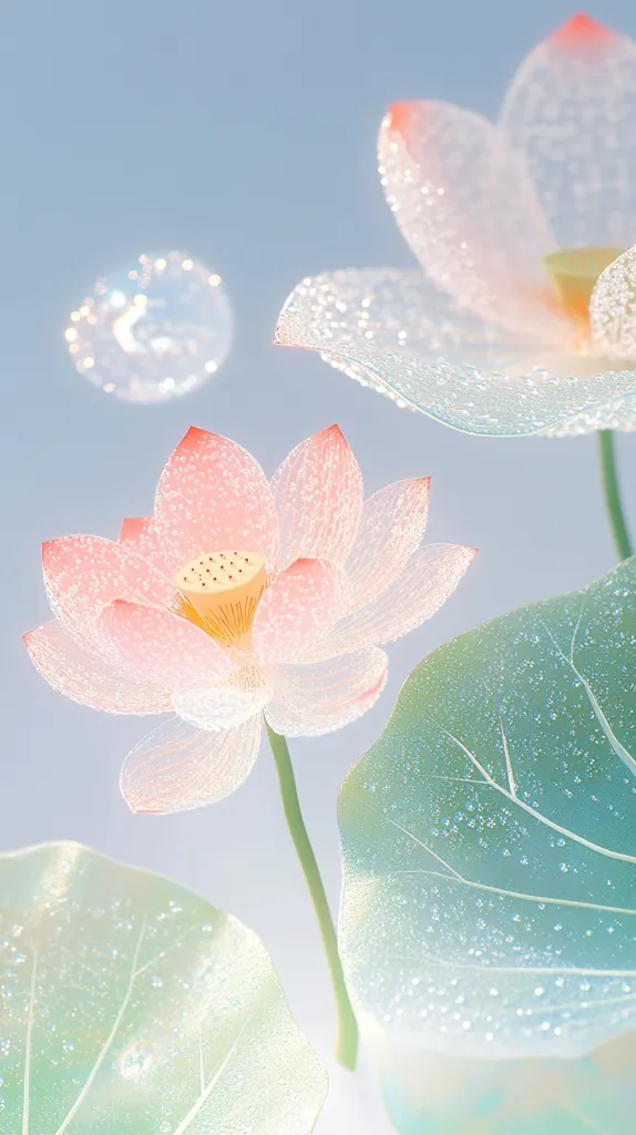 A serene image depicts delicate pink lotus blossoms and large, translucent leaves, adorned with glistening water droplets.  Soft, pastel colors and a light blue background create a peaceful atmosphere.  A blurry soap bubble floats in the upper left, adding to the ethereal quality of the scene.  The image evokes feelings of tranquility and natural beauty.