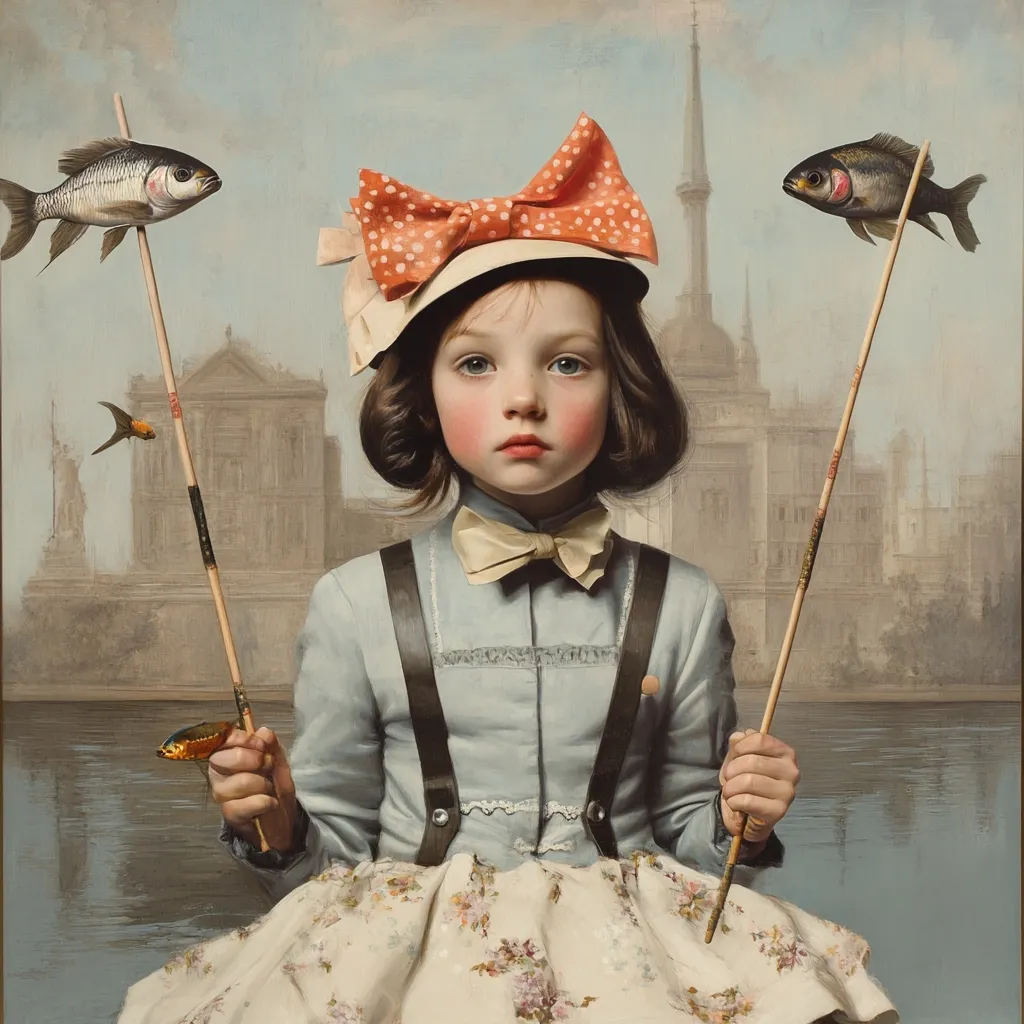 A young girl, dressed in a light blue dress and a large orange bow, holds two fishing rods with small fish attached.  She has rosy cheeks and a serious expression.  The background features a calm body of water and a grand building reminiscent of European architecture, creating a dreamy, surreal atmosphere.  The overall style is reminiscent of classical portraiture with a touch of fantasy.