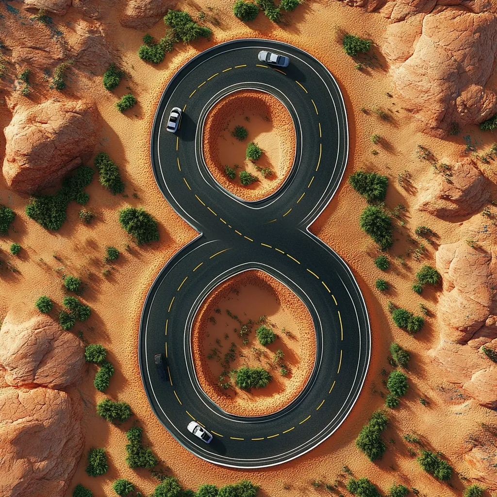 An aerial view shows a road shaped like the number eight winding through a desert landscape.  Sparse desert vegetation and reddish-brown rock formations surround the asphalt road. Several small white cars are visible traveling along the loops of the figure eight. The overall scene is a striking contrast between the man-made road and the natural desert environment.