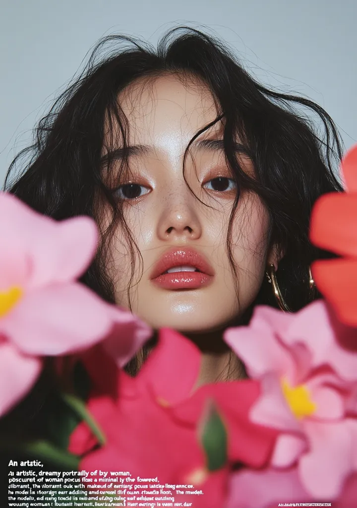A dreamy portrait of a woman, her face partially obscured by vibrant pink flowers. Her dark hair is loose, and her makeup is minimal, enhancing her natural beauty.  She wears delicate gold hoop earrings. The overall mood is artistic and serene, creating a captivating image.