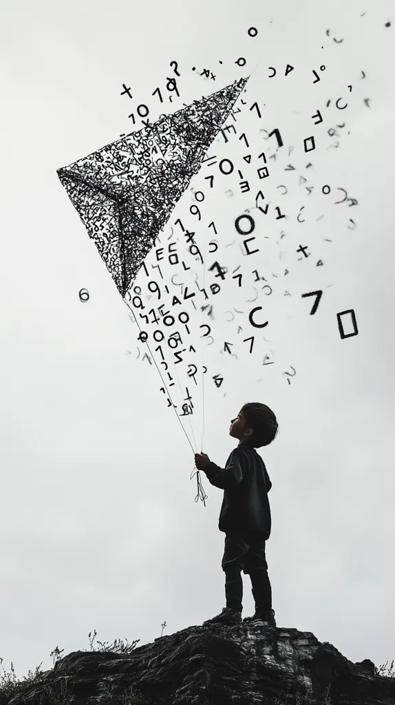 A child stands silhouetted against a gray sky, holding a kite shaped like a triangle. The kite is covered in a chaotic scattering of numbers and mathematical symbols, which appear to be floating away. The image evokes a sense of childhood wonder and the boundless possibilities of learning and exploration.  The monochromatic palette enhances the dramatic effect.