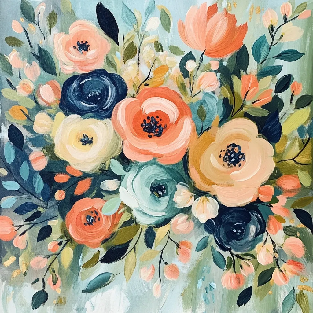 A vibrant floral painting showcases a profusion of blossoms in coral, peach, cream, and teal hues.  The flowers are rendered in a loose, expressive style with visible brushstrokes, creating a textured and dynamic composition.  Darker teal and navy blue accents add depth and contrast to the overall pastel palette. The background is a soft, muted aqua.