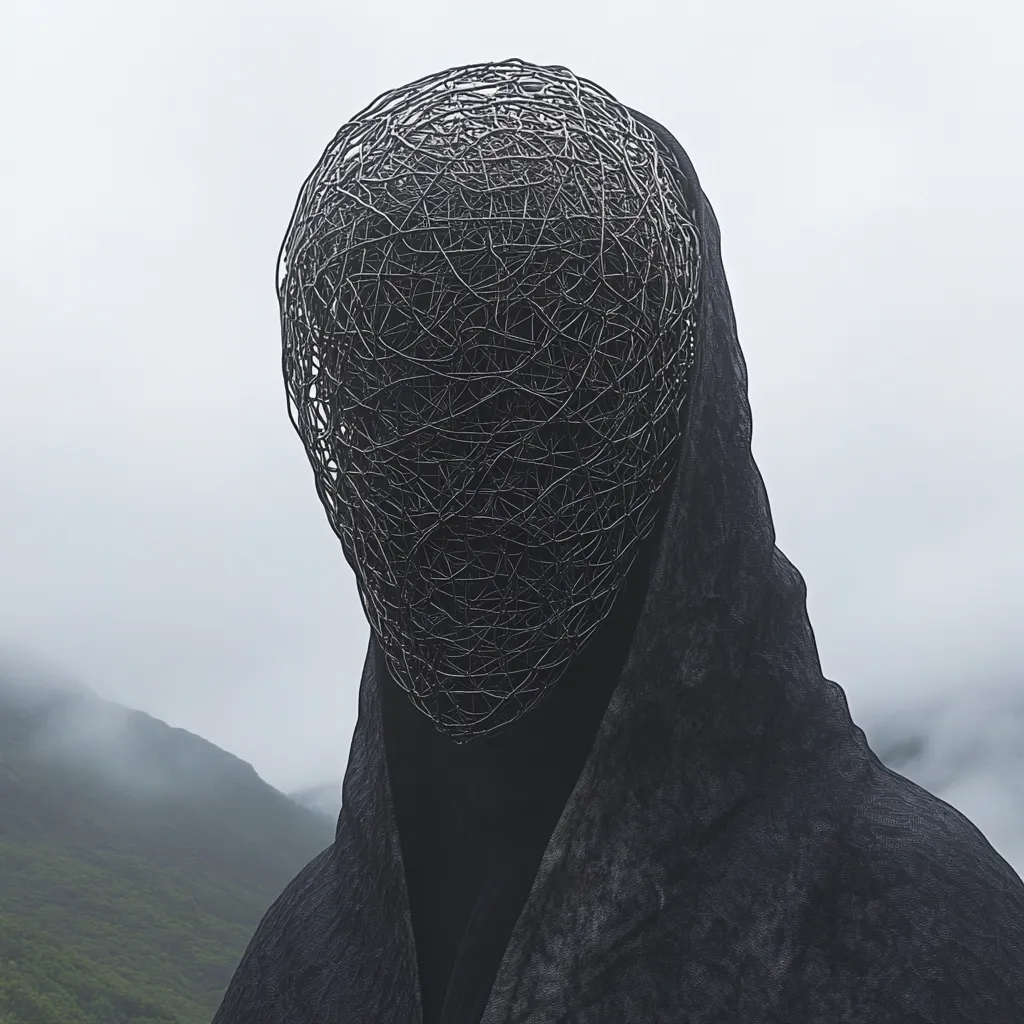 A cloaked figure stands before a misty mountain landscape.  Their face is obscured by a complex, wire mesh mask, creating a sense of mystery and anonymity. The dark clothing and the intricate mask contribute to an eerie and otherworldly atmosphere. The image suggests themes of concealment, the unknown, and perhaps even a futuristic or dystopian setting.