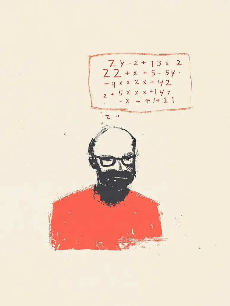 A minimalist illustration depicts a man with glasses and a beard, wearing a coral-colored shirt.  Above his head, a speech bubble contains a series of complex mathematical equations, suggesting deep thought or problem-solving. The style is rough, with visible brushstrokes contributing to a raw, expressive feel.