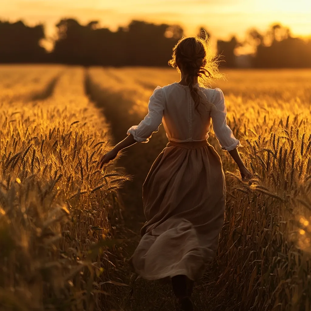 A woman in a flowing beige dress runs through a golden wheat field at sunset.  The warm light bathes the scene, illuminating the tall stalks of grain and the woman's hair. Her back is to the camera, creating a sense of mystery and freedom as she moves towards the horizon.  The path through the field leads towards a distant line of trees.