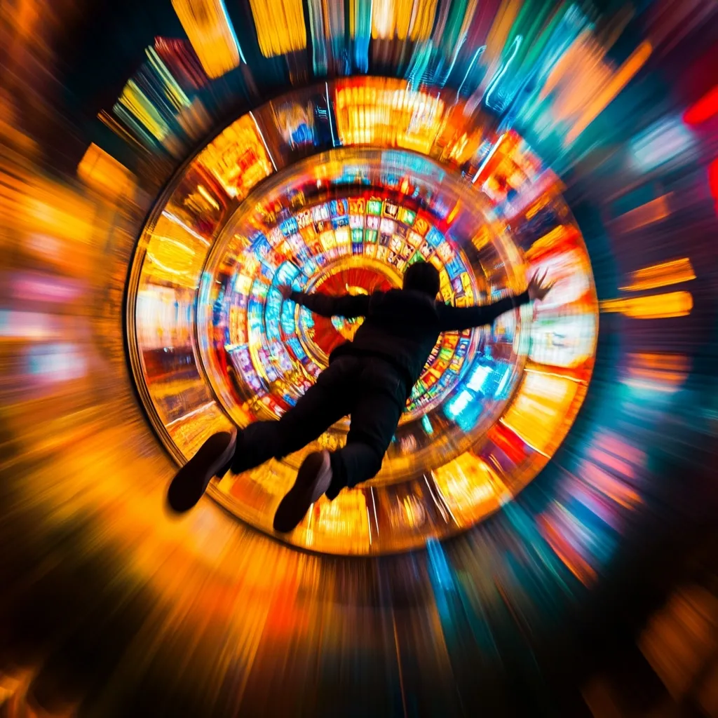 A person is silhouetted against a vibrant, swirling background of a casino's slot machines. The image uses motion blur to create a sense of speed and energy, suggesting a dizzying, overwhelming experience. The individual appears to be falling or spinning within the colorful, circular array of gambling machines.  The overall effect is dynamic and visually striking, capturing the excitement and perhaps the risk associated with casino gambling.