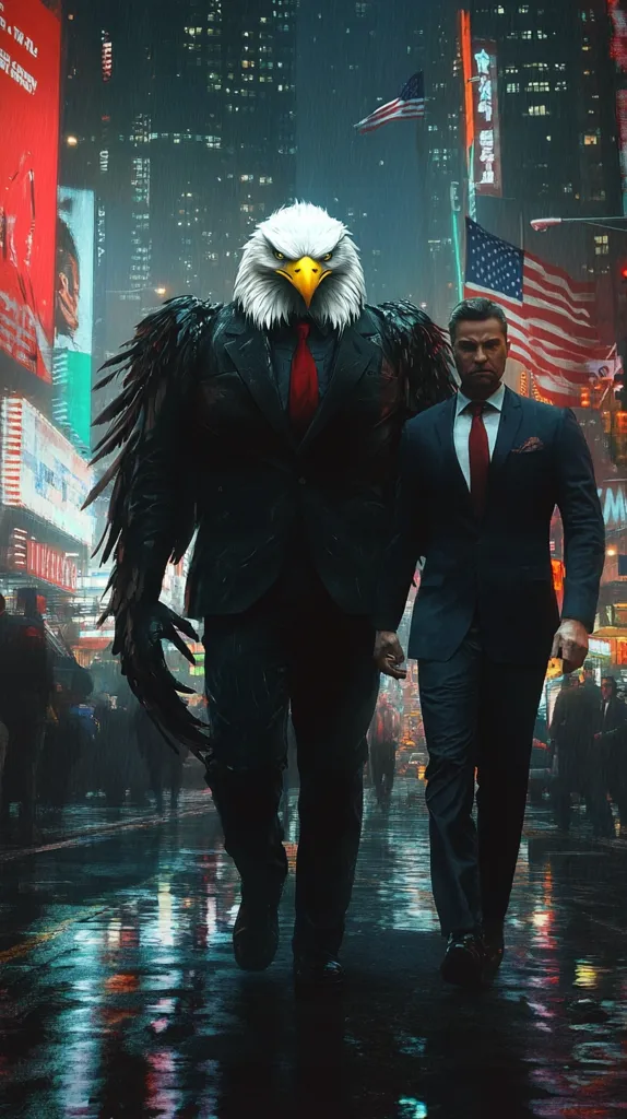 A nighttime city street scene depicts a man in a suit walking alongside a humanoid eagle, also in a suit, both wearing red ties.  The background showcases a bustling city with vibrant billboards and American flags.  Rain reflects in the wet street, creating a dark, moody atmosphere. The image blends realism with fantasy elements, creating a surreal and powerful visual.