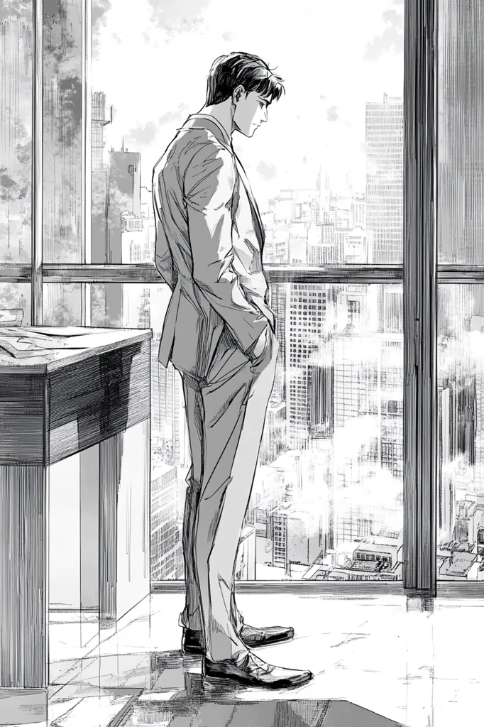 A grayscale illustration depicts a man in a suit standing by a large window overlooking a cityscape.  He's positioned in profile, his gaze directed downward, conveying a pensive mood. The city stretches out behind him, a sprawling expanse of buildings under a bright, possibly overcast, sky.  The artwork's style is loose and expressive, with visible brushstrokes emphasizing texture and movement.  A desk is partially visible in the foreground.