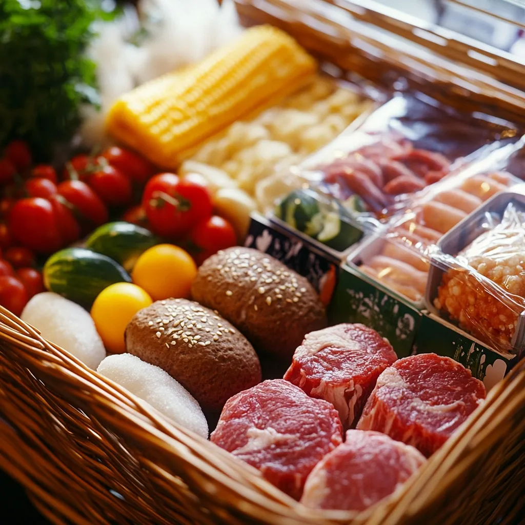 A wicker basket overflows with a delightful array of grilling ingredients.  Vibrant cherry tomatoes, corn on the cob, and various vegetables are nestled alongside succulent steaks,  shiitake mushrooms, and packaged sausages.  The scene is appetizing and suggests a fun outdoor cooking experience.