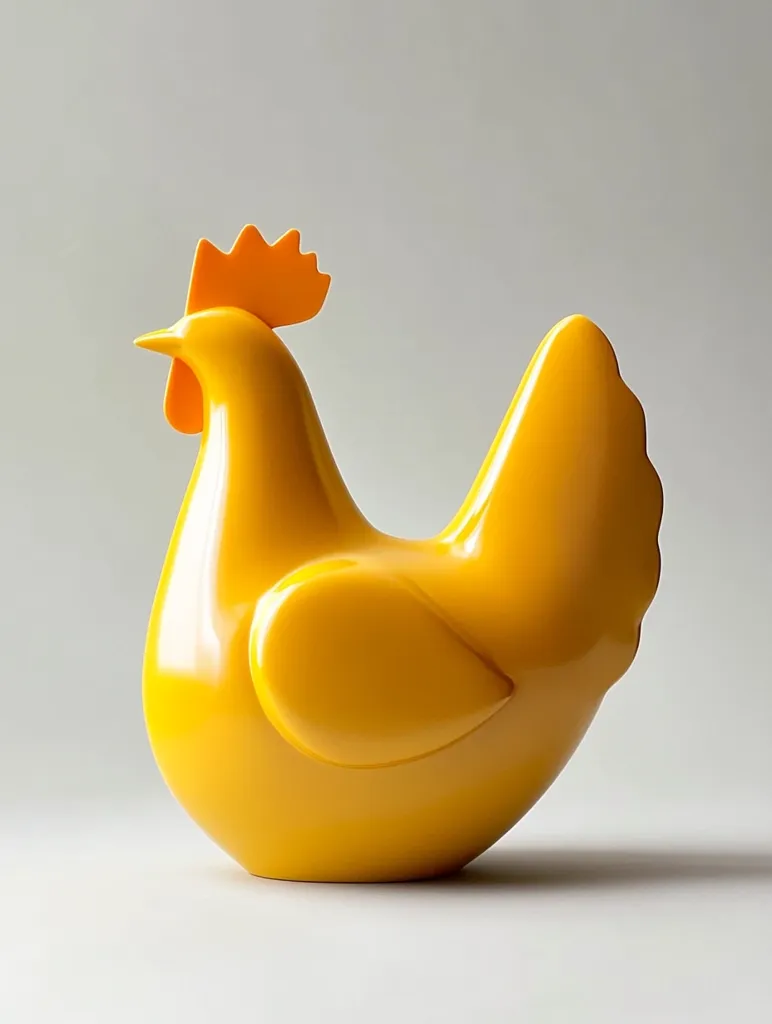 A vibrant yellow hen figurine, crafted from a smooth, glossy material, sits against a neutral backdrop.  The hen's form is simplified and stylized, with rounded features and a small, orange comb.  Its compact shape and bright color make it a cheerful and modern decorative piece. The image highlights the sculpture's smooth surface and bold, solid form.