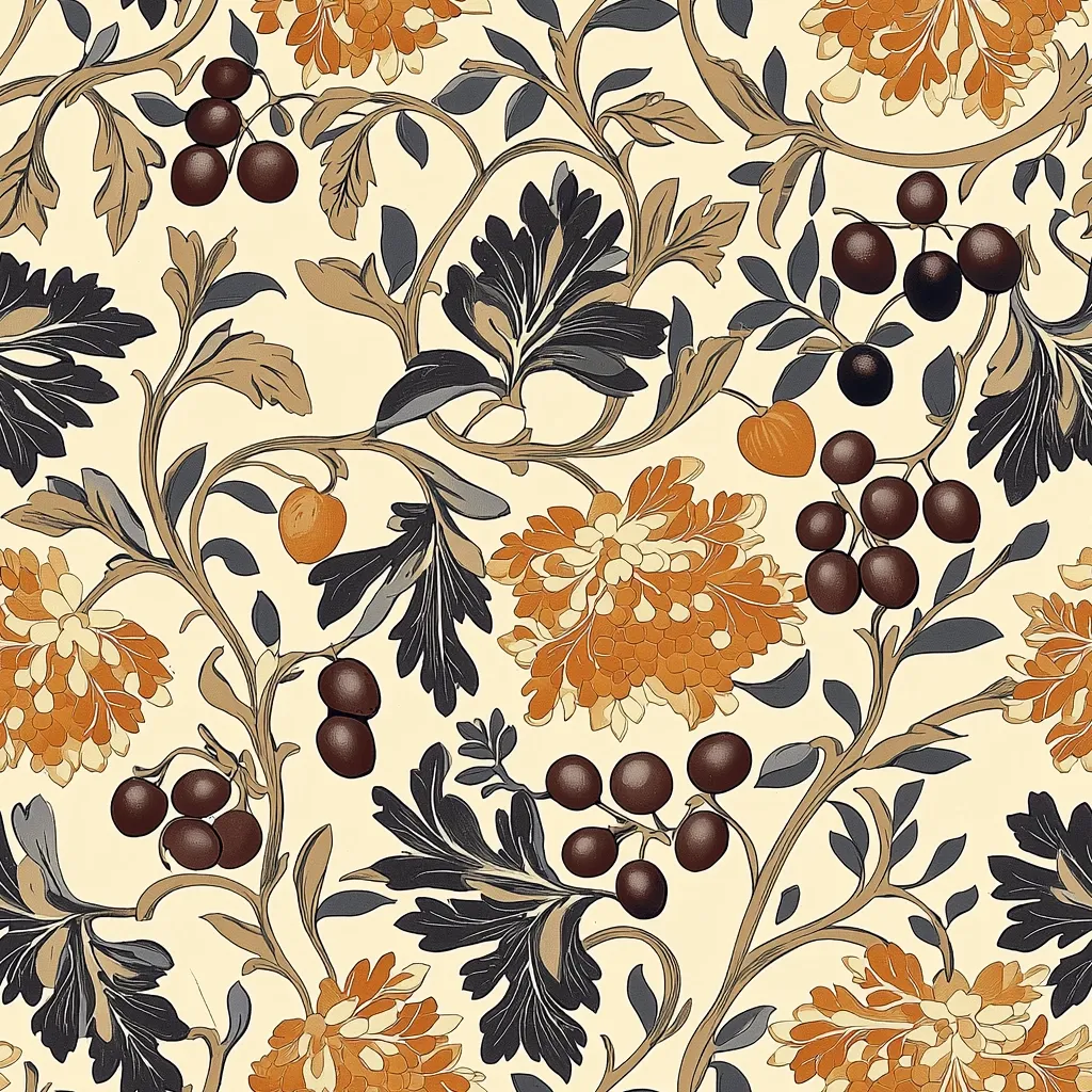 A seamless pattern featuring a stylized floral design.  Intricate, curving vines intertwine, bearing clusters of dark berries and orange chrysanthemum-like blossoms.  The leaves are rendered in shades of gray and brown against a creamy beige background, creating a sophisticated and elegant aesthetic reminiscent of Art Nouveau or Victorian styles.  The overall effect is one of rich texture and detailed botanical illustration.
