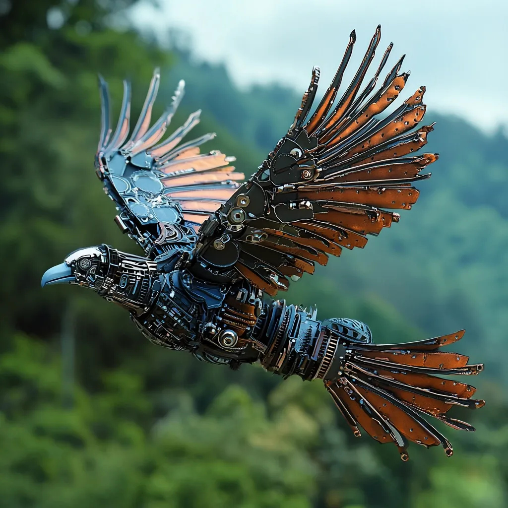 A majestic, intricately crafted mechanical bird, seemingly constructed from repurposed metal parts, soars through a lush green landscape.  Its wings, composed of numerous layered components in shades of copper and dark metal, are spread wide in flight. The bird's body is a complex assembly of gears, bolts, and other mechanical elements, giving it a steampunk aesthetic.  The backdrop of verdant hills emphasizes the contrast between nature and the robotic creation.