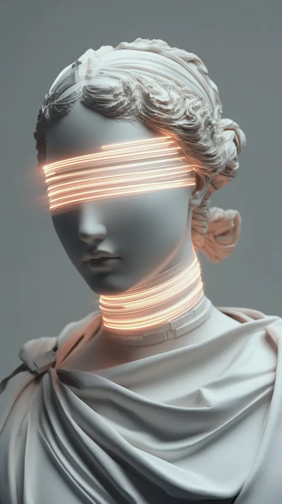 A classical bust of a woman, rendered in white marble, is illuminated by glowing orange lines across her eyes and neck.  The lines contrast the smooth, detailed sculpture, creating a surreal and futuristic effect. The draped fabric of the bust adds to the elegant yet technologically advanced aesthetic. The image's muted background enhances the statue's presence.