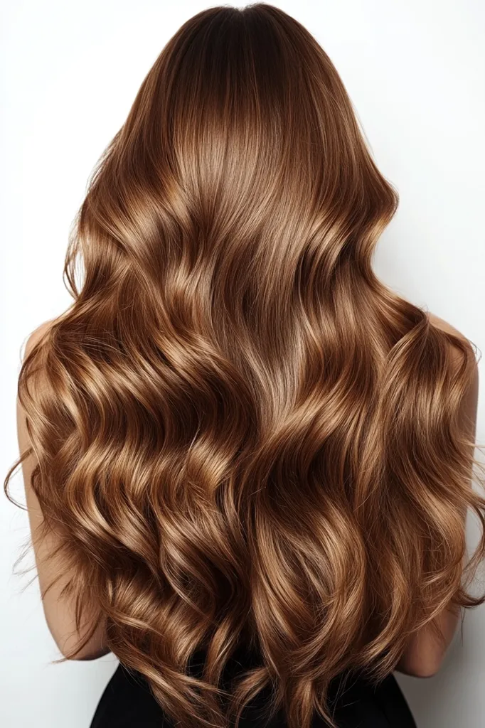 The image shows a woman's long, luxurious brown hair styled in loose, flowing waves.  The hair cascades down her back, showcasing its shine and healthy texture.  The color is a rich, medium brown with subtle highlights. The overall impression is one of beauty and healthy hair care.