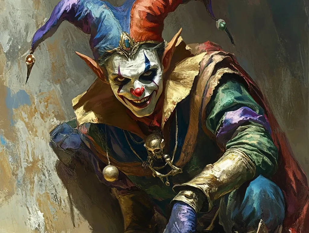 A sinister jester with pointed ears, clownish makeup, and a cruel smile crouches, partially obscured.  He wears a multicolored, ornate costume including a tall, pointed hat, gold bracers, and a skull pendant. The painting style is painterly and textured, emphasizing a dark and mysterious atmosphere. His expression is unsettling, suggesting trickery and potential malice.