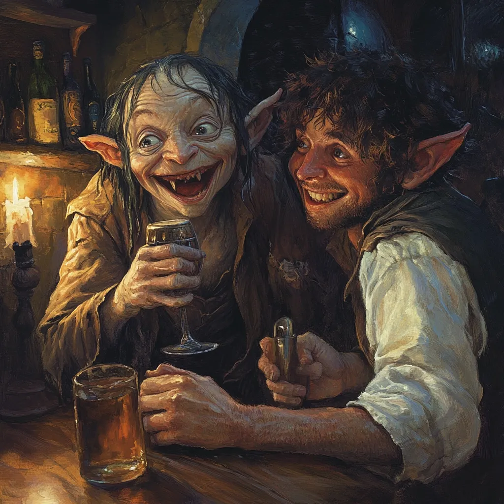 A whimsical painting depicts a goblin and a hobbit seated at a tavern. The goblin, with pointed ears and a wide grin, holds a glass of red wine.  The hobbit, equally jovial, holds a small vial. A mug of ale sits on the table between them, lit by a candle's warm glow.  The scene is rich with detail, showcasing the characters' expressions and the cozy tavern atmosphere.  The painting evokes a sense of camaraderie and shared merriment.
