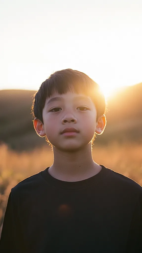 A young boy with short, dark hair stands in a field at sunset.  The sun shines behind him, creating a warm glow around his head. He wears a plain black t-shirt and looks directly at the camera with a serious expression.  The background is blurred, showing golden-brown grasses and hills in the distance.  The overall mood is calm and contemplative.