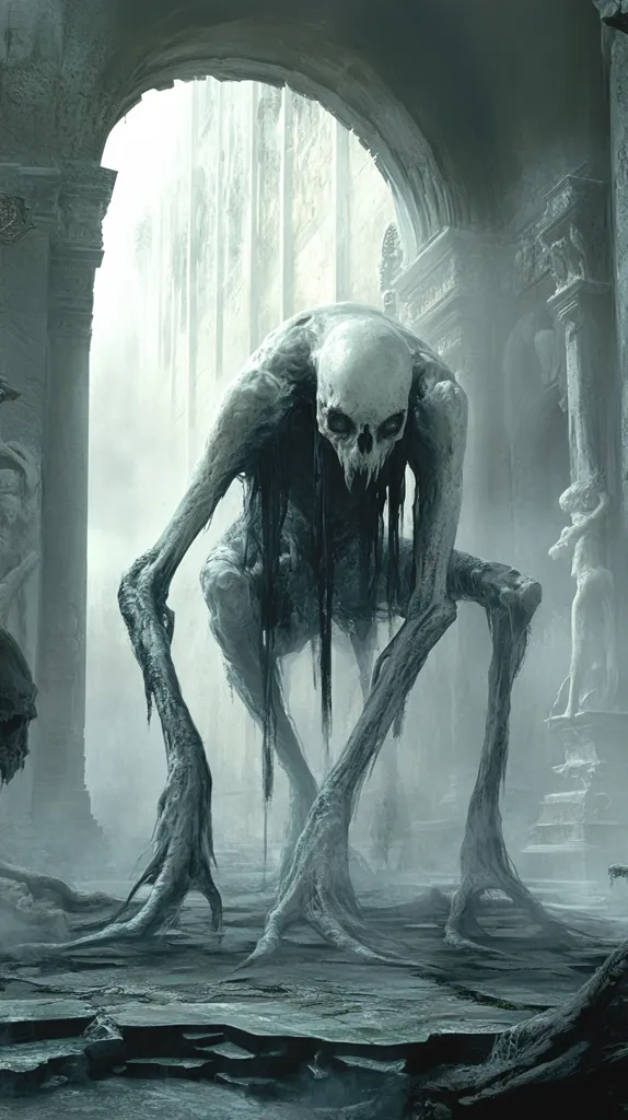 A horrifying, skeletal creature with elongated limbs crouches within the ruins of an ancient, fog-shrouded stone structure.  Its exposed skull-like head and decaying flesh suggest a creature of immense age and power, perhaps a monstrous guardian of this desolate place. The overall mood is one of dread and mystery, highlighting the creature's chilling presence. The background is a blurry mix of fog and dilapidated architecture.