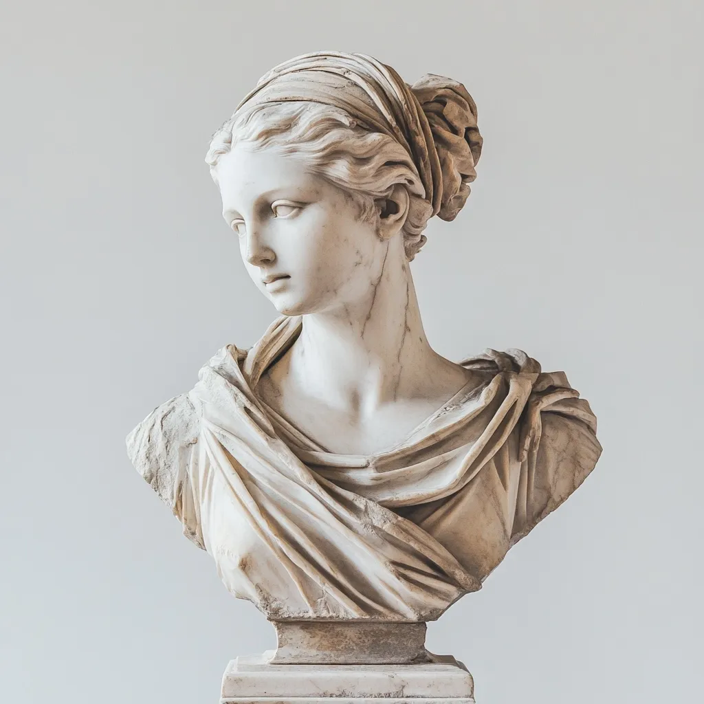 A classical marble bust of a woman, elegantly draped in fabric, is presented against a muted background.  Her hair is styled in an updo, partially concealed by a cloth head covering. The sculpture exhibits a serene expression and meticulous detail in the rendering of the fabric and the woman's features.  The bust rests on a simple pedestal.