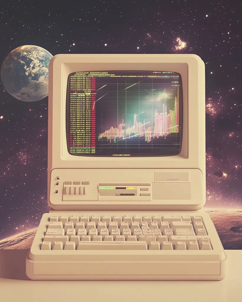 A vintage beige computer sits in the foreground, its monitor displaying a vibrant stock market graph.  The background is a stylized cosmic scene featuring Earth and a star-filled expanse. The image evokes a retro-futuristic aesthetic, suggesting the vastness of the global economy and its reach into the future. The color palette is warm and nostalgic.