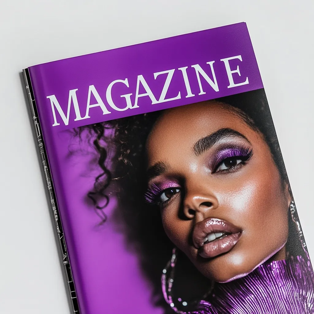 A purple magazine cover features a close-up of a Black woman's face.  Her makeup is striking, with purple eyeshadow and glossy lips.  She has voluminous, curly hair and is wearing a shimmering purple top. The word "MAGAZINE" is prominently displayed in white sans-serif font across the top. The overall aesthetic is bold and glamorous.