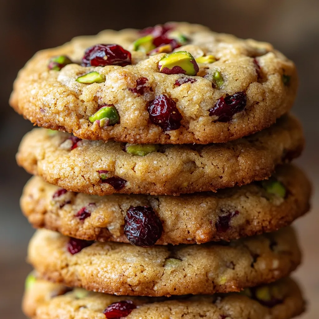 A close-up shot reveals a stack of six golden-brown cookies, generously studded with vibrant cranberries and chopped pistachios.  The cookies appear soft and chewy, with a slightly crisp exterior.  The depth of field focuses on the cookies, creating a visually appealing and appetizing image.