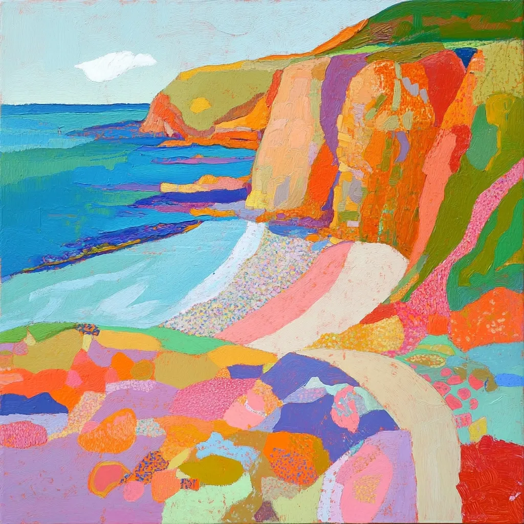 A vibrant, abstract landscape painting depicts a coastal scene.  Bold strokes of pink, orange, turquoise, and green create textured cliffs and a curving beach.  The ocean is a bright, stylized blue, contrasting with the warm tones of the land. The style is impressionistic, focusing on color and texture to evoke a feeling of a sunny, joyful seaside location.