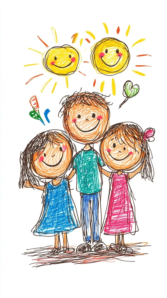 A cheerful crayon drawing depicts three smiling children standing together under two happy suns.  The boy in the center stands between two girls, each in a brightly colored dress.  The simplistic style suggests a child's artwork, filled with joy and friendship.  Small details like a carrot and a heart add to the whimsical charm.