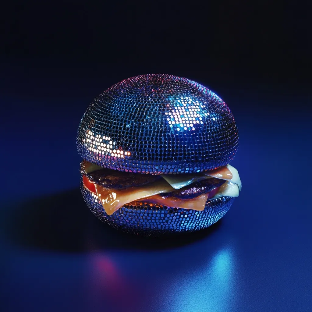 A dazzling hamburger, its bun completely covered in shimmering, iridescent sequins, sits on a dark blue surface. The burger's patty and cheese are visible between the sparkling bun halves.  The image is dramatically lit, highlighting the reflective qualities of the disco-ball-like bun.  The overall effect is glamorous and unconventional.