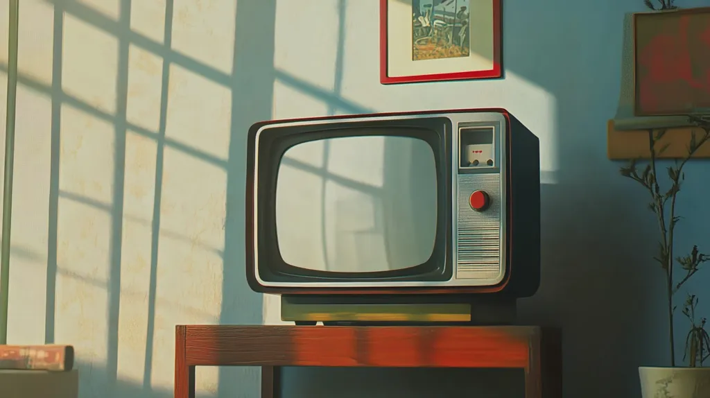 A vintage television sits on a wooden table, bathed in the warm glow of sunlight streaming through a window.  The room is softly lit, with shadows dancing on the wall.  A framed picture and a small plant add to the nostalgic ambiance of the scene, creating a calm and peaceful atmosphere. The television's screen is dark, hinting at a moment of quiet contemplation.