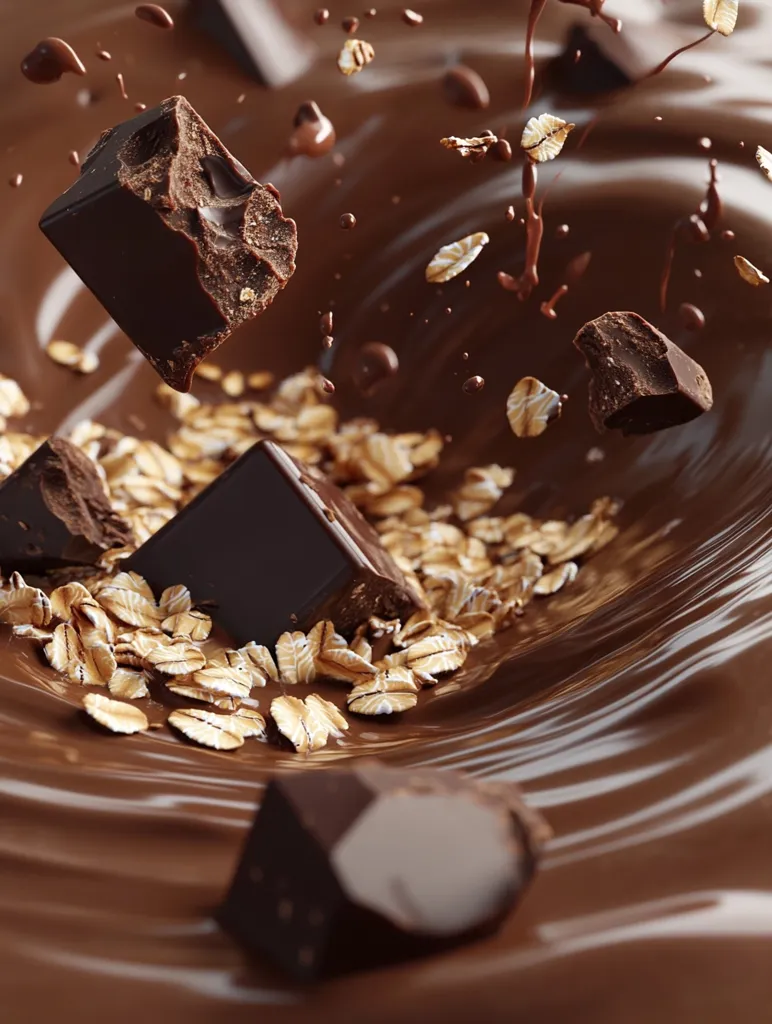 A swirling pool of rich, dark chocolate is captured in motion.  Chunks of dark chocolate and crispy oats are suspended mid-air, some falling into the chocolate.  The image evokes a sense of delicious indulgence and playful movement. The contrast between the smooth chocolate and the rough texture of the oats adds visual interest.